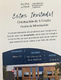 Sixth Grade Orientation on Wednesday, May 22 at 5:30 pm